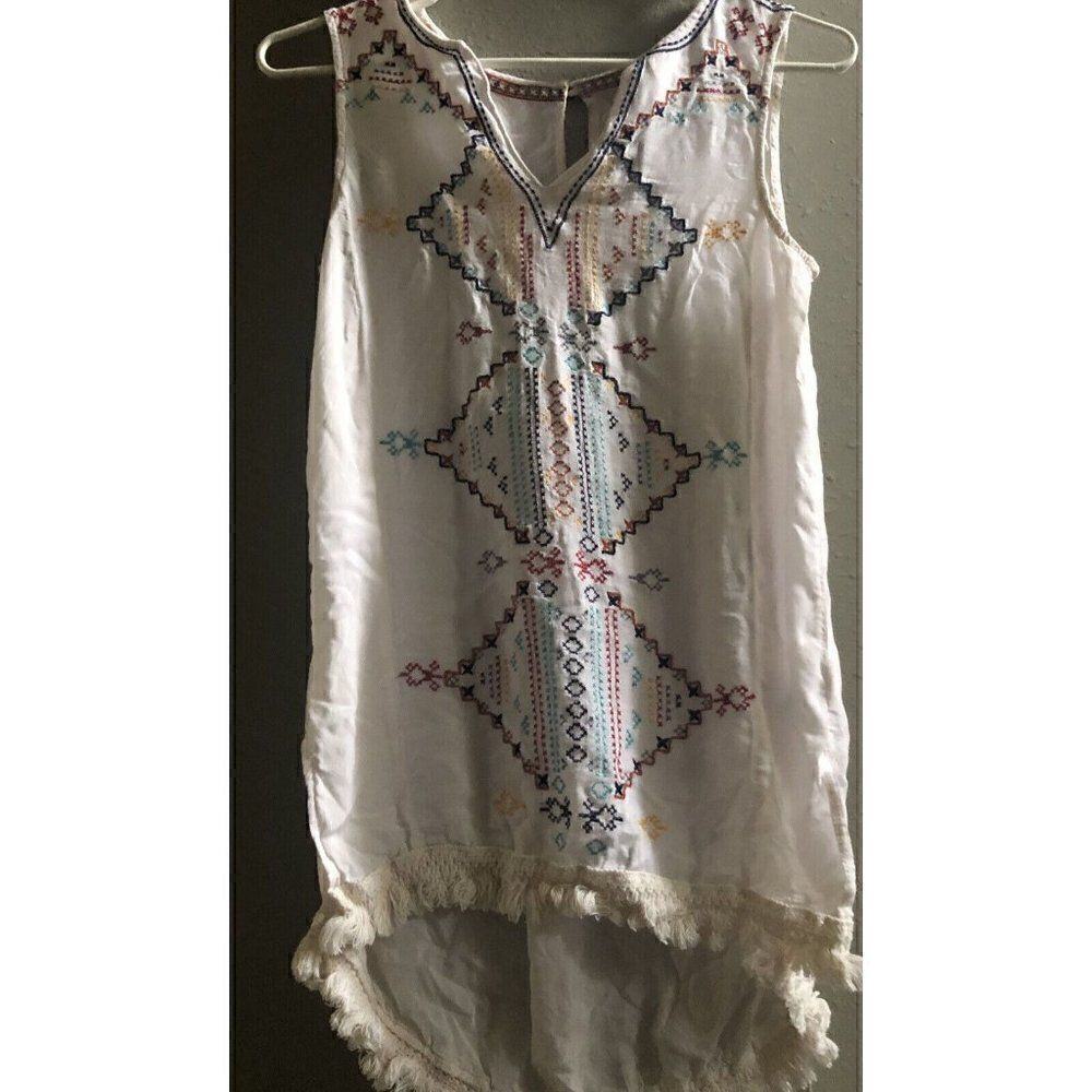 Knox Rose Jersey Knit Sleeveless Flowy Embroidered Tunic Top Sz XS Beige